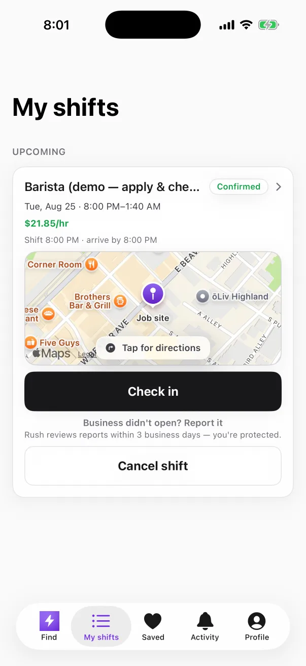 The Rush app's My shifts screen with the confirmed barista shift, a map of downtown State College marking the job site, and the Check in button open