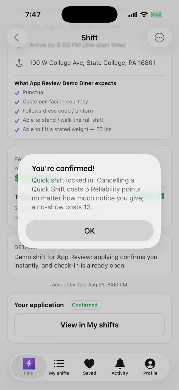 The Rush app confirming a quick shift: “You're confirmed!” — the application shows as Confirmed with a View in My shifts button