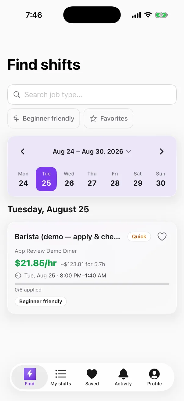 The Rush app's Find shifts screen: tonight's shifts in State College with the pay shown up front