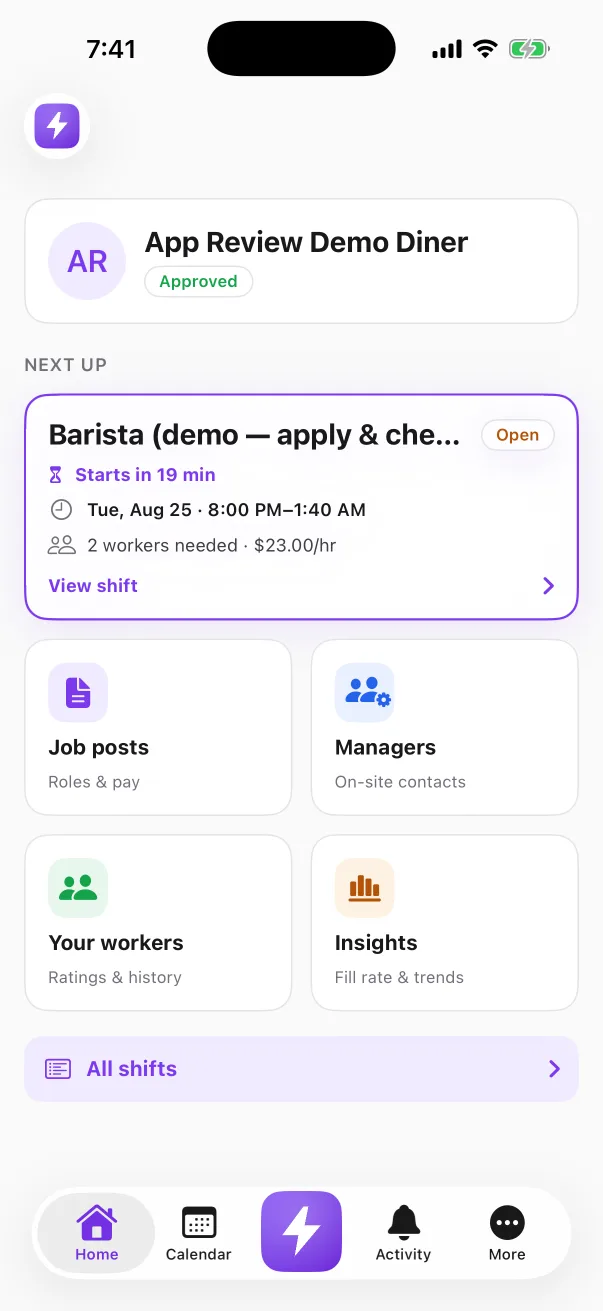 The Rush business app's home screen: the barista shift posted and live — Open, starts in 19 minutes, tonight 8:00 PM to 1:40 AM at $23.00 an hour