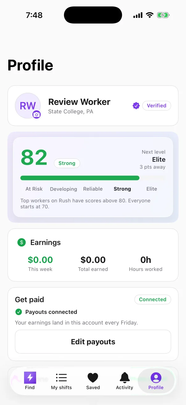 A Rush worker profile: verified, with a reliability score of 82 — Strong