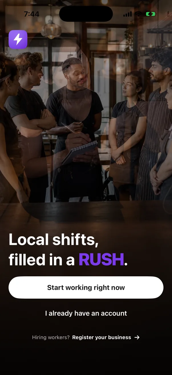 The Rush app's welcome screen — a server clearing a table over the words “Local shifts, filled in a Rush”